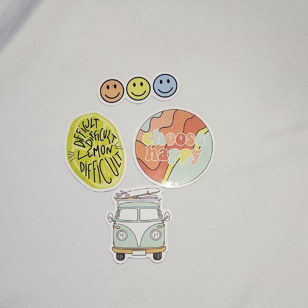 Set of 4 Aesthetic Stickers – Retro Van, Smiley Faces, Positive Vibes